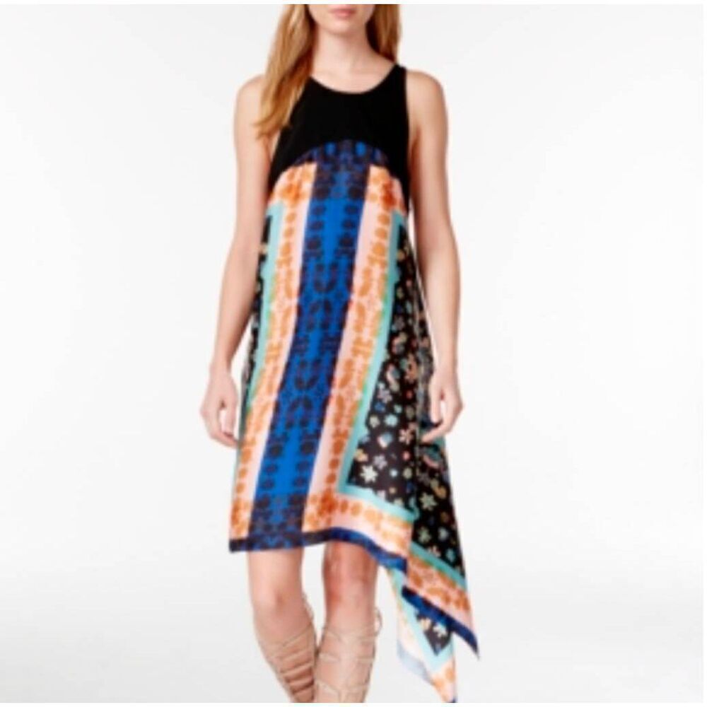 Rachel Roy Scarf Handkerchief Asymmetrical Bold Patterned Shift Sundress L Large